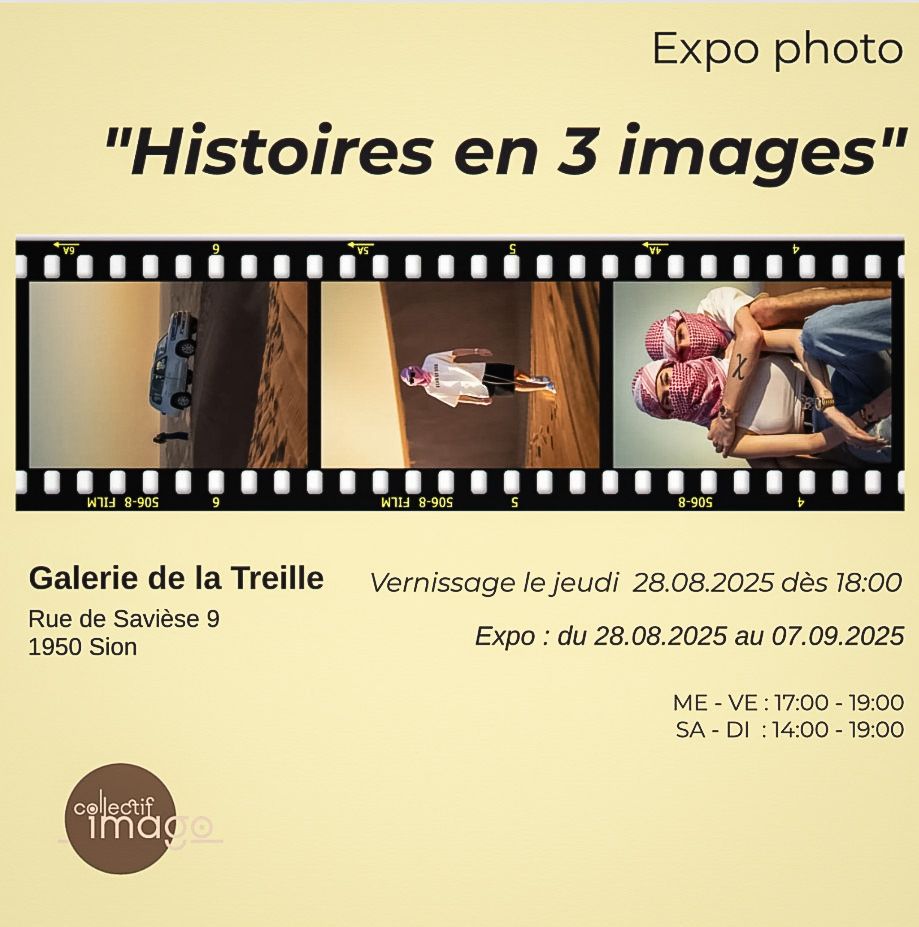 Yellow banner advertising a photo exhibition titled 'Histoires en 3 images' with event details and venue information.