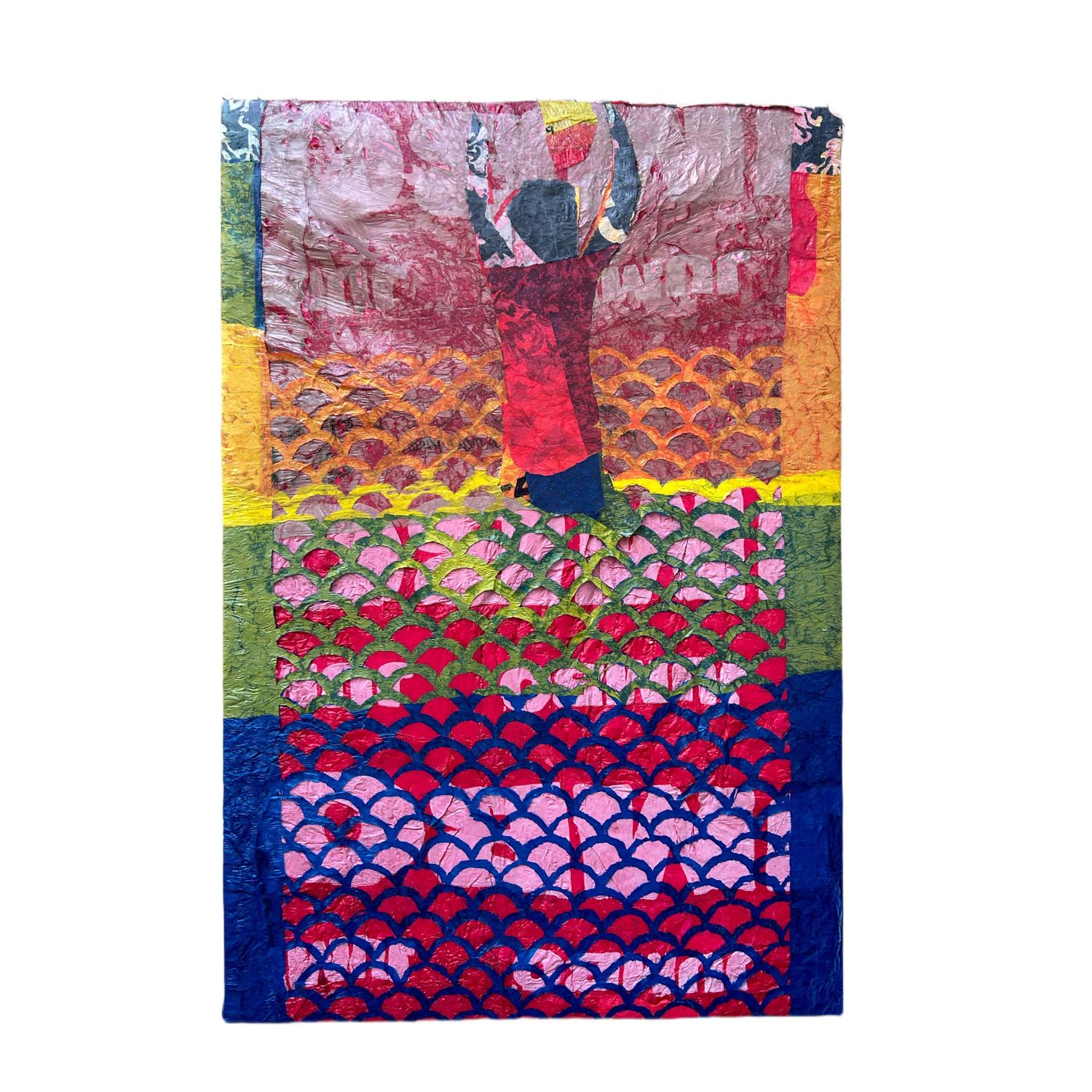 Colorful patchwork textile art featuring geometric patterns in red, purple, yellow and blue tones.