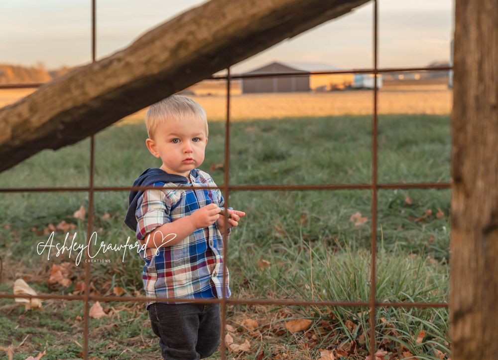 Young child in plaid shirt standing by rustic wooden fence in rural farm setting.