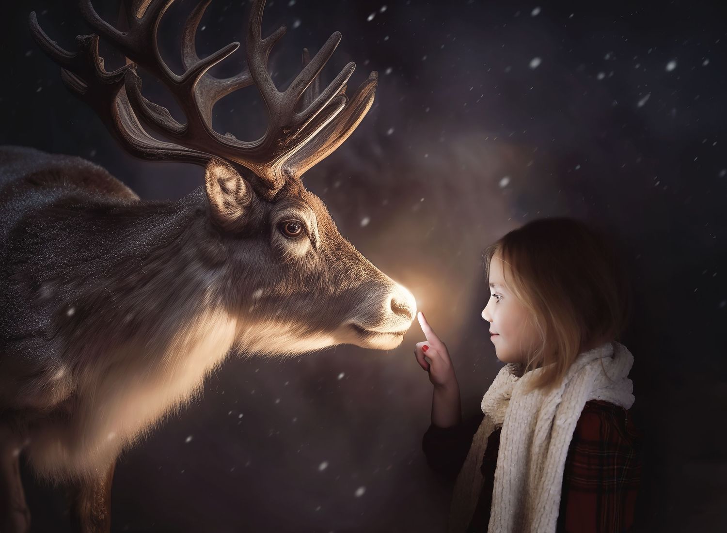 Christmas digital image, child touching reindeers nose and the light from the nose illuminating her face.