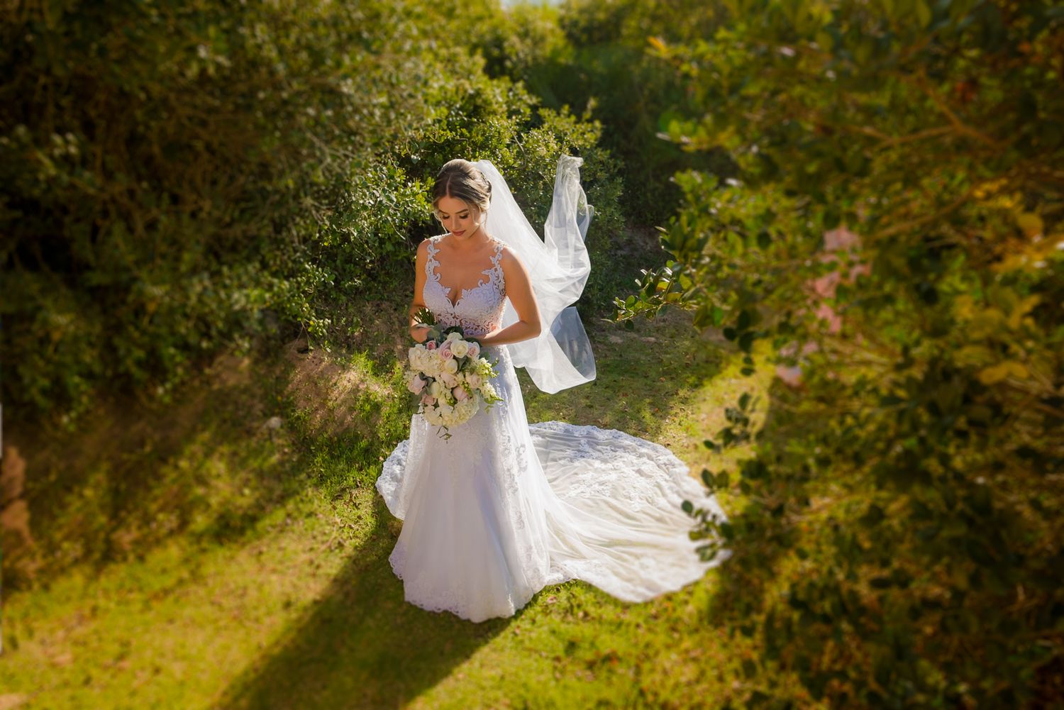 Aerial view of bride in flowing white dress holding bouquet in garden setting.