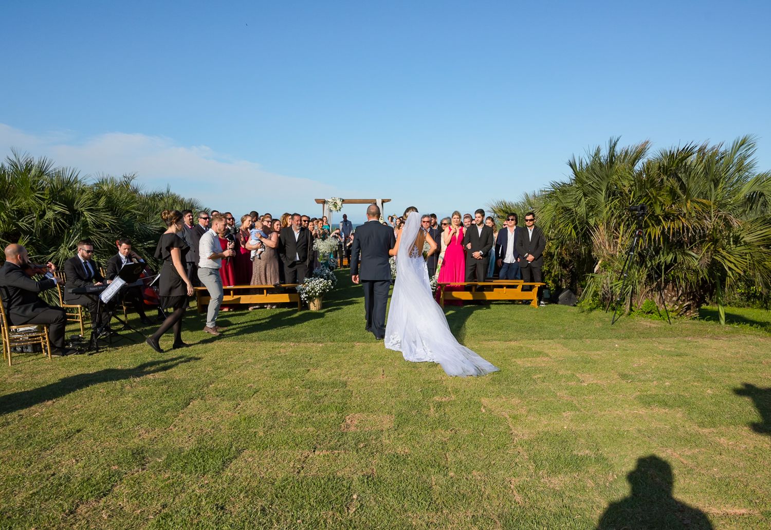 Wedding guests seated on wooden benches for an outdoor ceremony surrounded by palm trees and greenery.