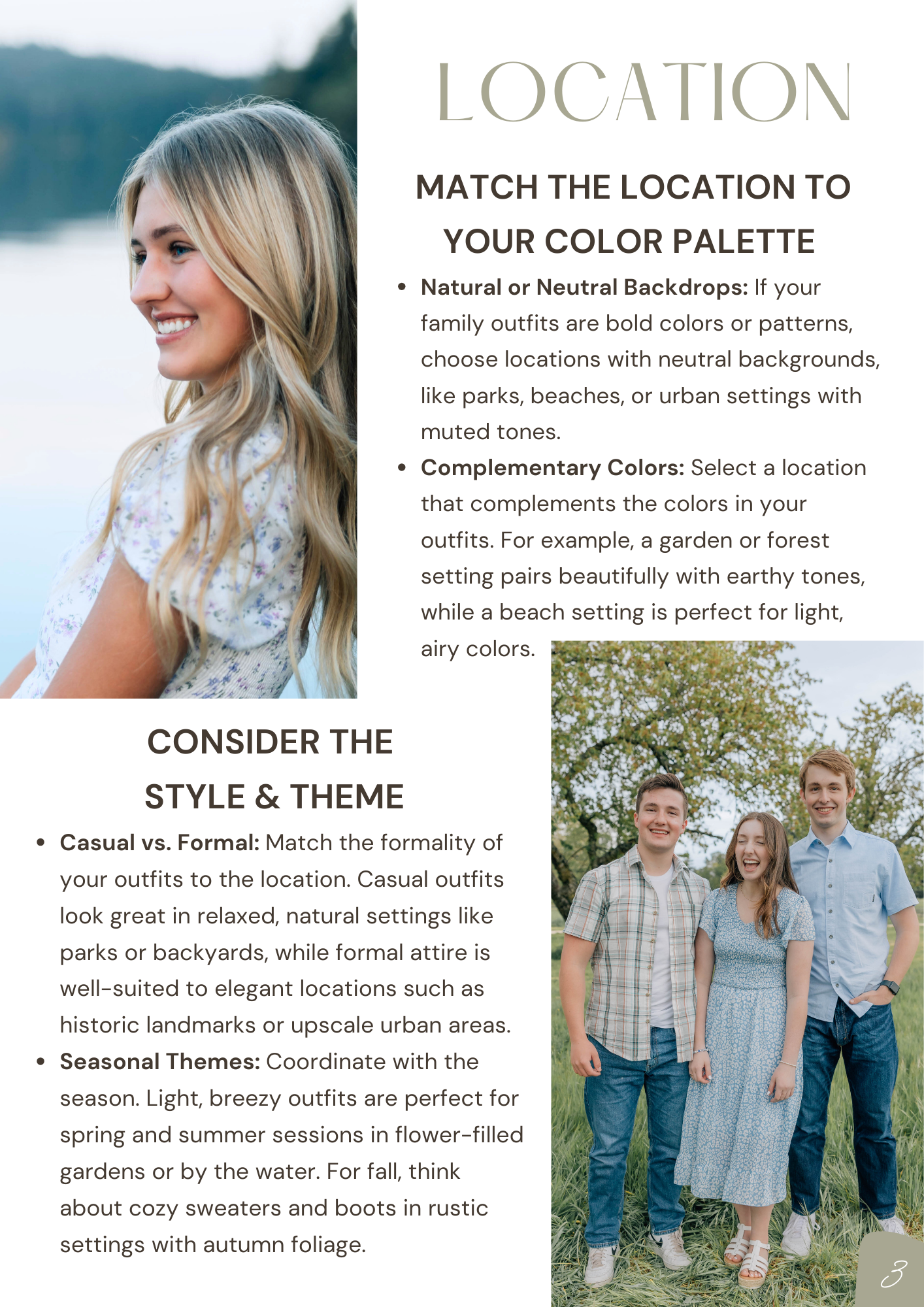 A styled guide page with tips on matching family photo locations to outfit color palettes.