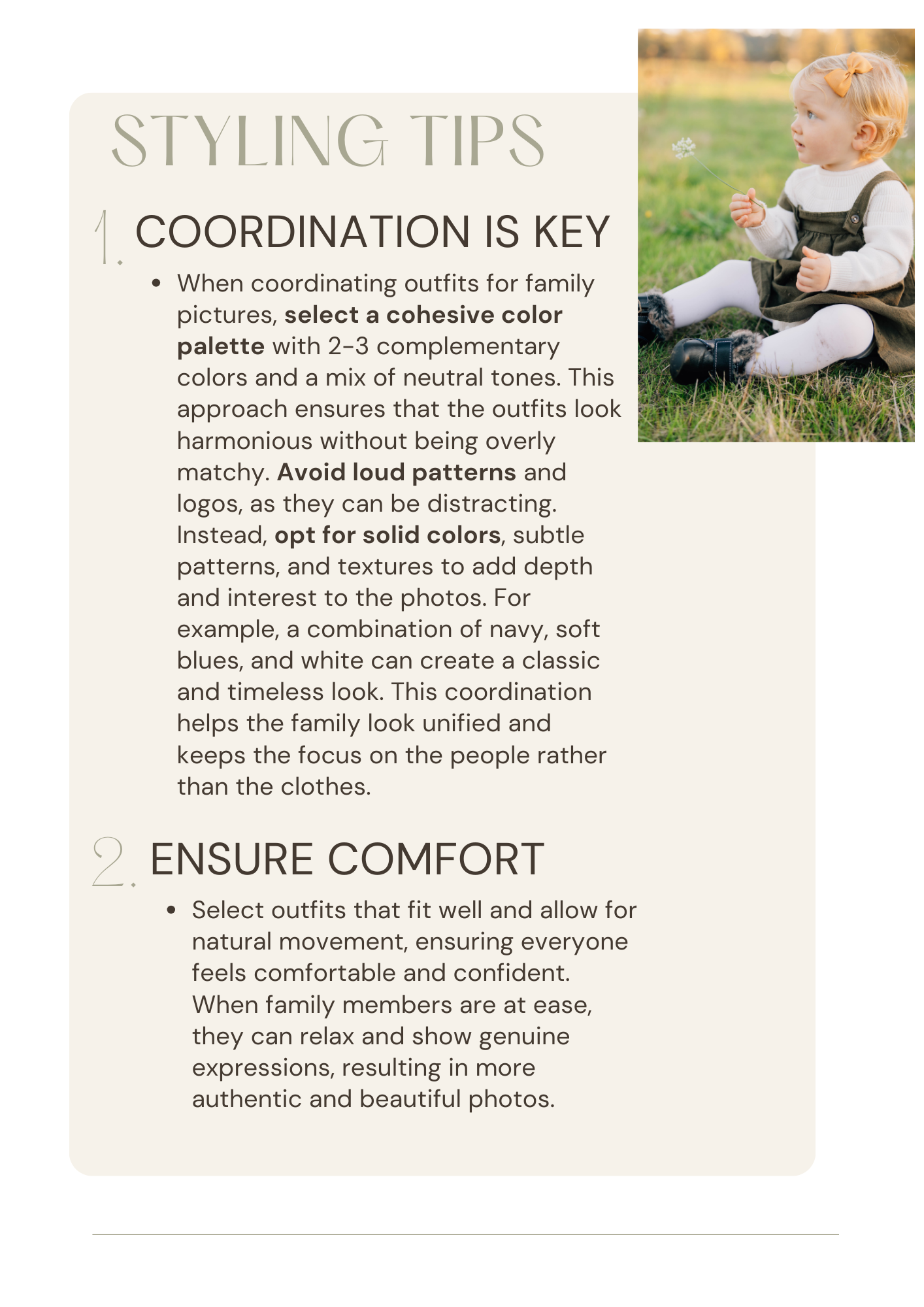 A styled photography guide page sharing key styling tips for coordinated and comfortable family portraits.