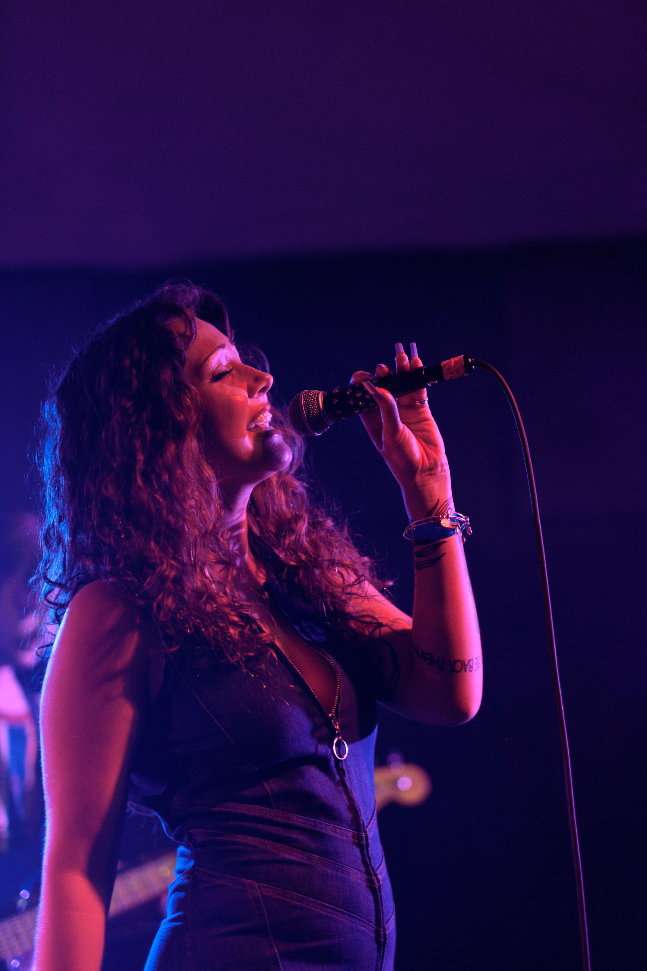 A singer performs passionately under purple stage lighting while holding a microphone.