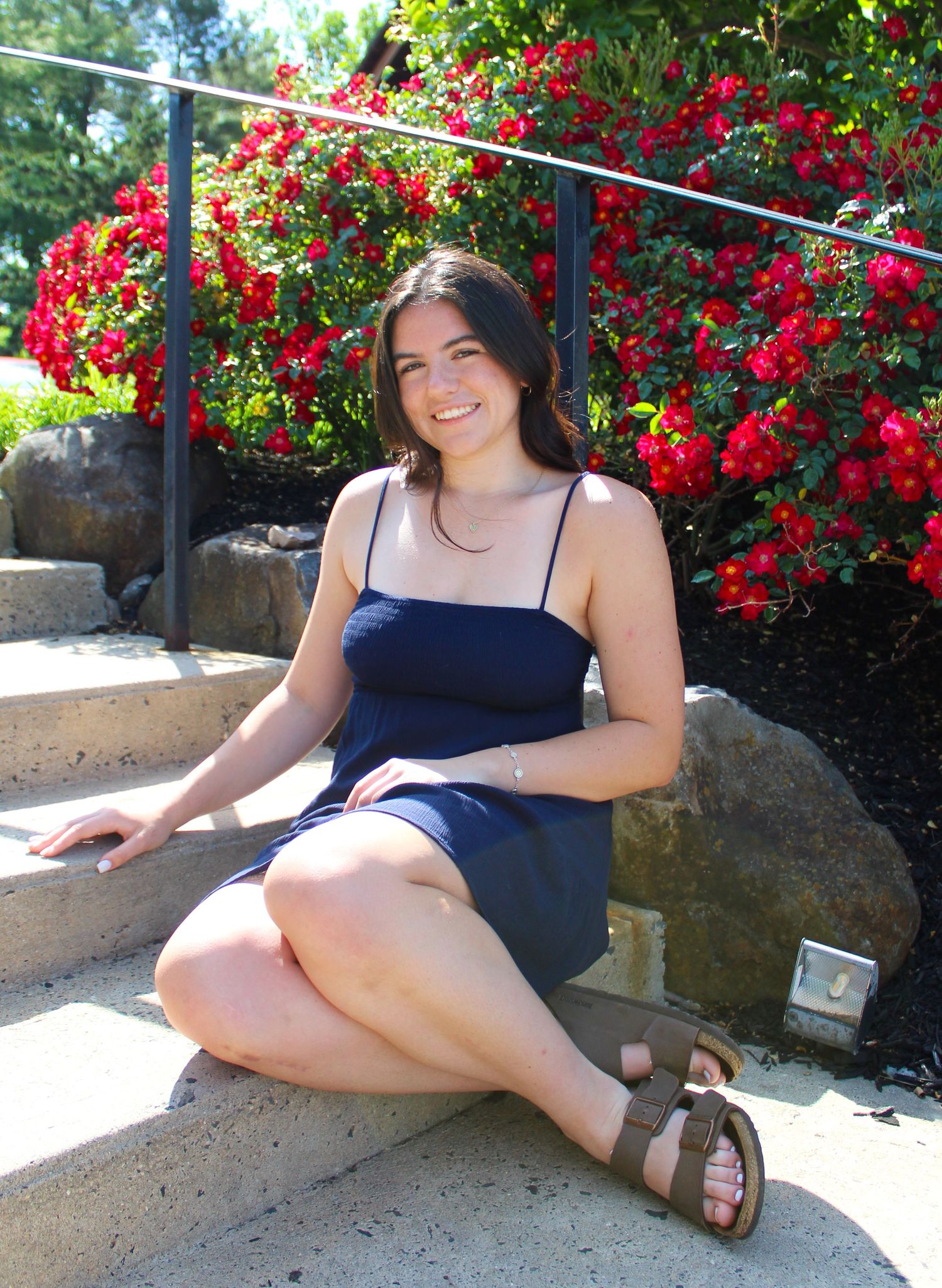 A figure sits on stone steps with vibrant red flowers blooming in the background.