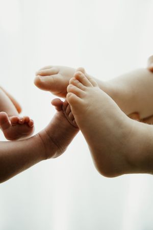 Close-up of tiny newborn baby feet and hands against a soft white background.