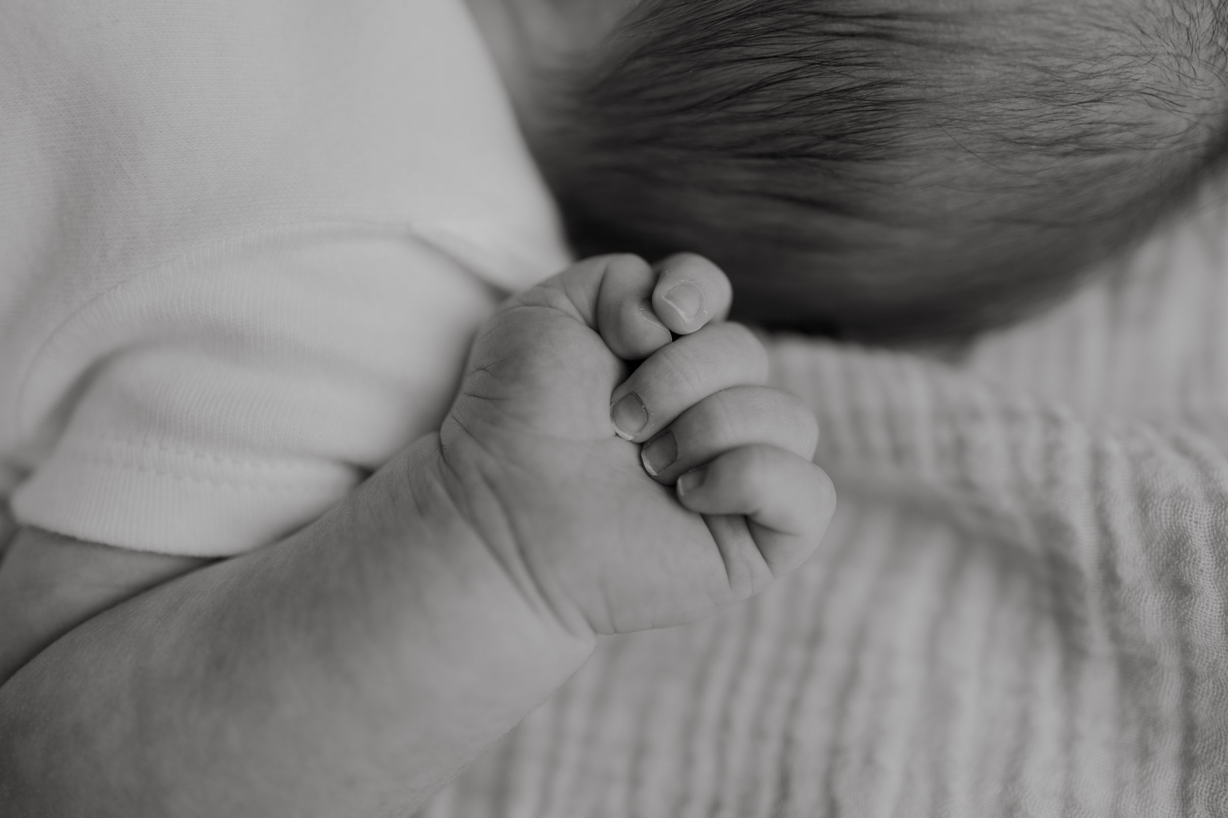 Black and white macro photo of a newborn baby's tiny clenched fist.