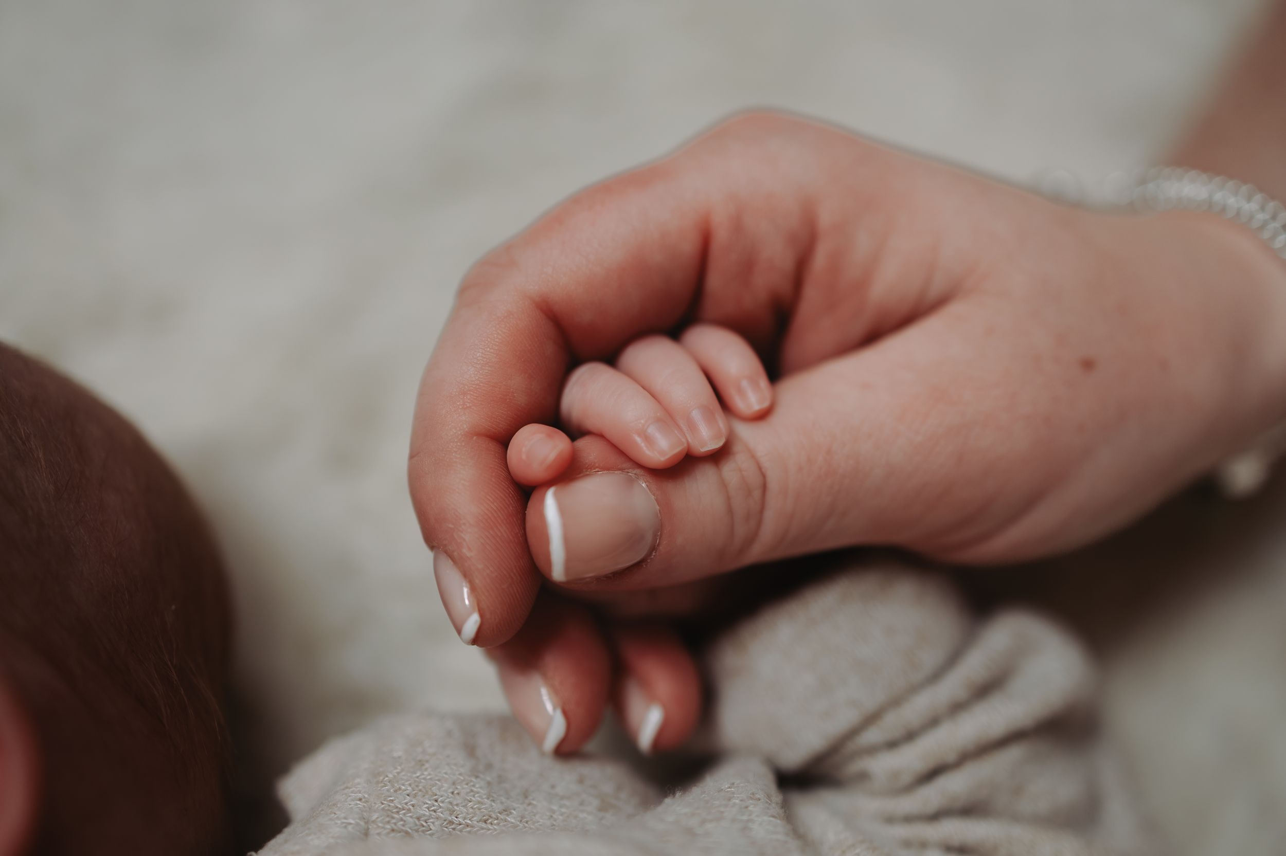 Adult hand gently holding a newborn baby's tiny fist, showcasing the size difference between parent and child.