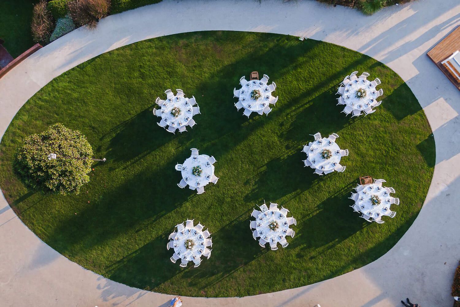Aerial view of elegant round tables with white linens arranged on an oval green lawn for an outdoor event.