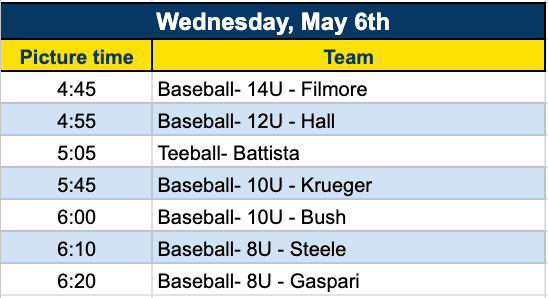 Baseball and softball team photo schedule with time slots organized by team name.