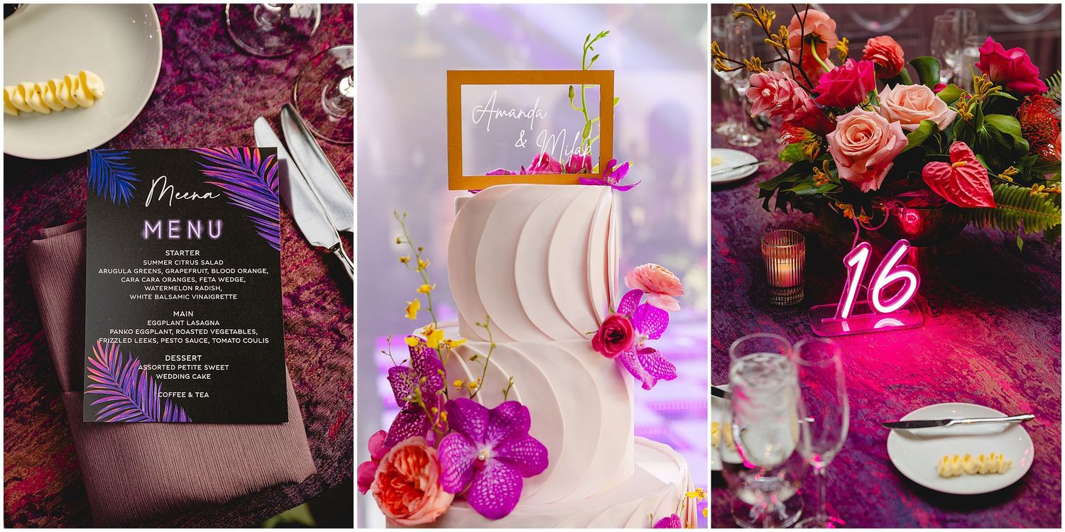 Wedding details collage featuring menu card, white cake, and vibrant floral centerpieces.