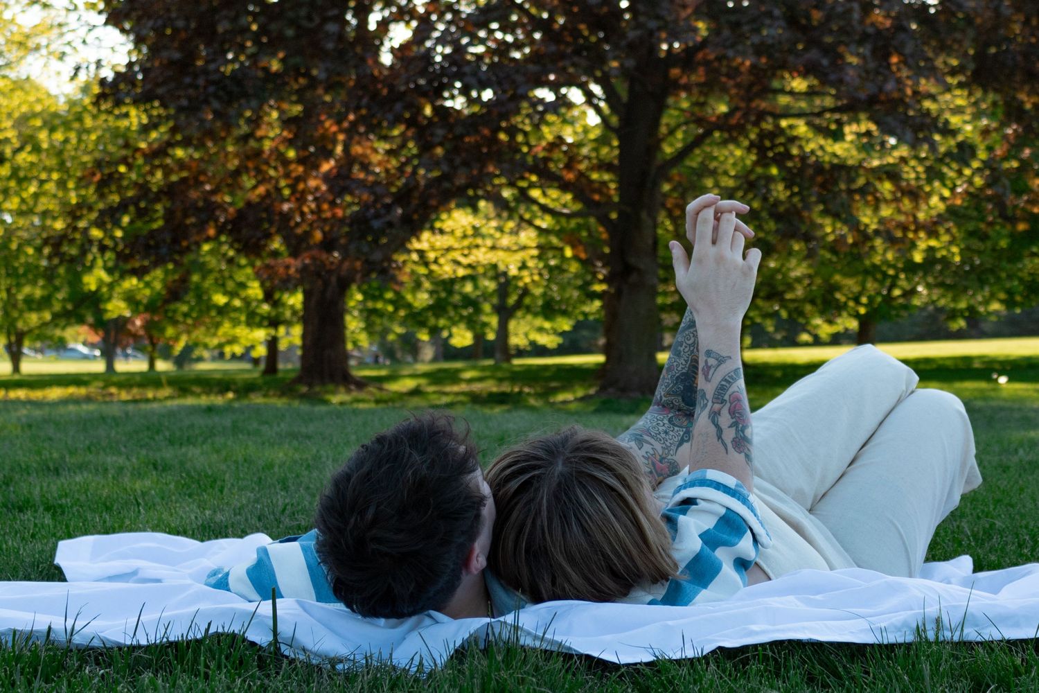 Couple laying on a white blanket in the park playing with their hands in the sky