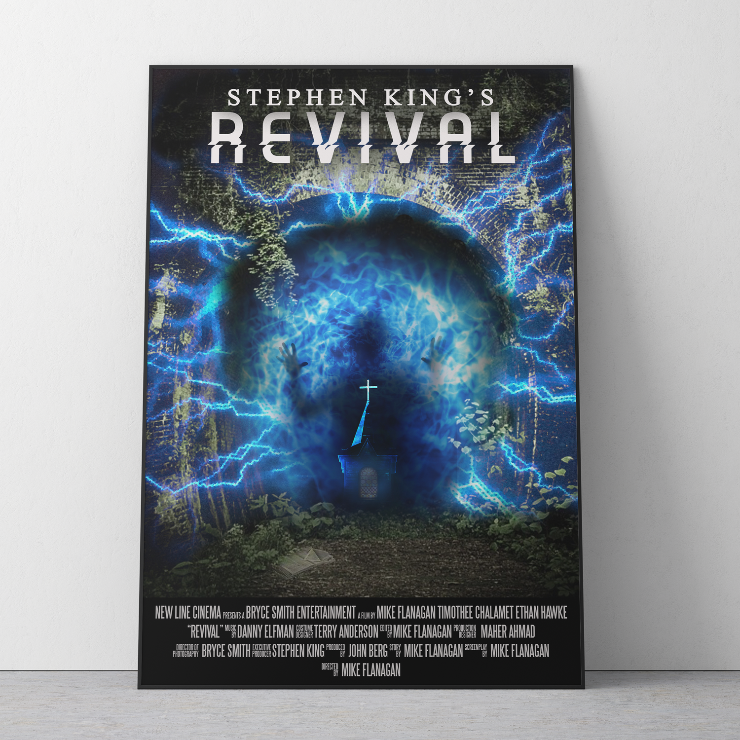 Movie poster for Stephen King's Revival showing mystical blue energy surrounding a cross.