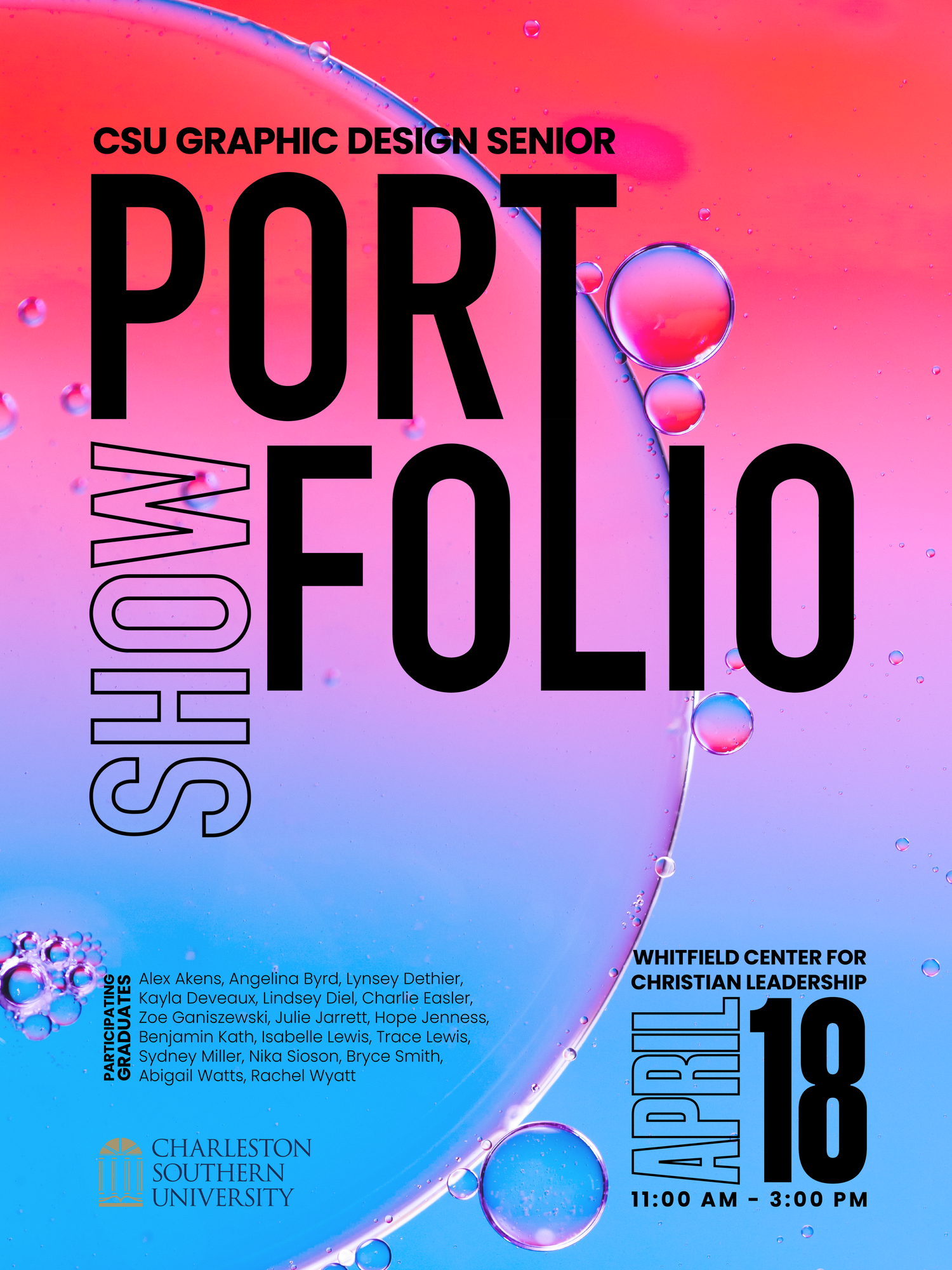 Gradient portfolio show poster design with water droplets and typography in blue and pink.