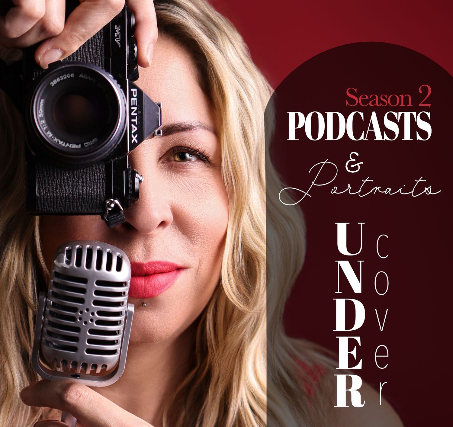 Coverart for podcasts and portraits woman hiding half her face with camera and microphone