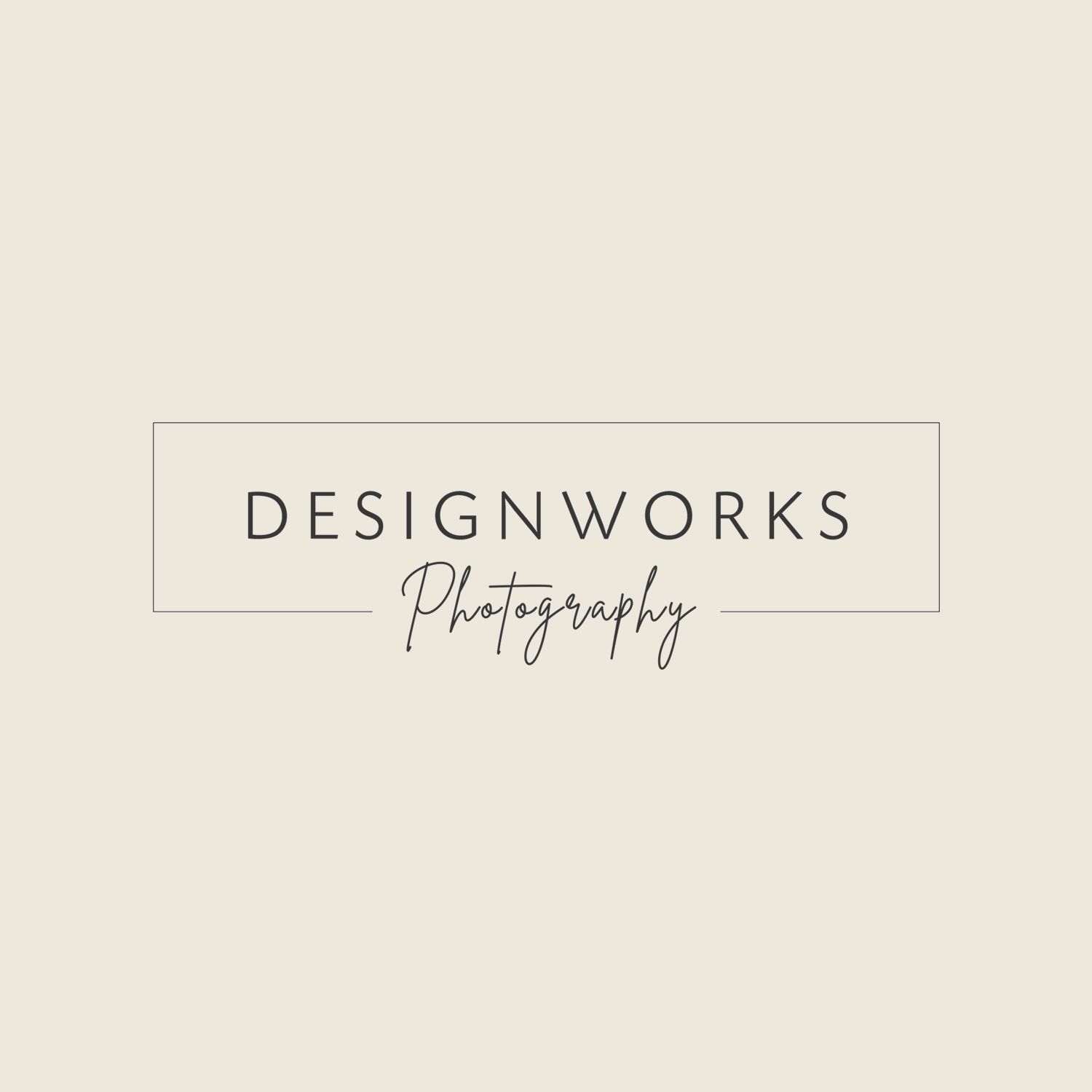 Modern minimalist photography logo design with elegant text and rectangular frame on beige background.