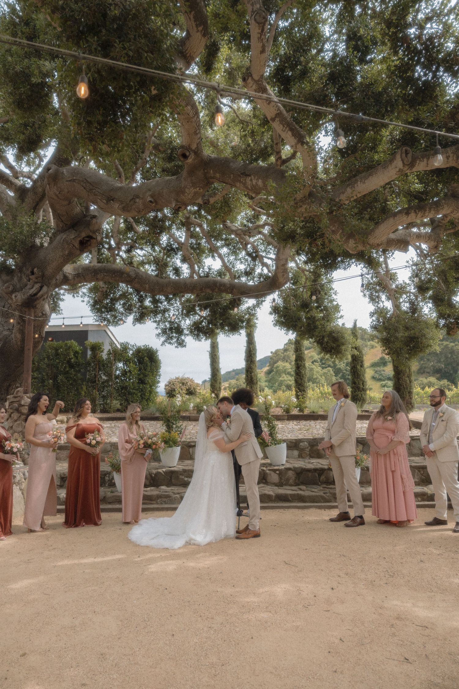 Wedding ceremony under a large tree with twinkle lights as attendees in pink and burgundy dresses gather outdoors.