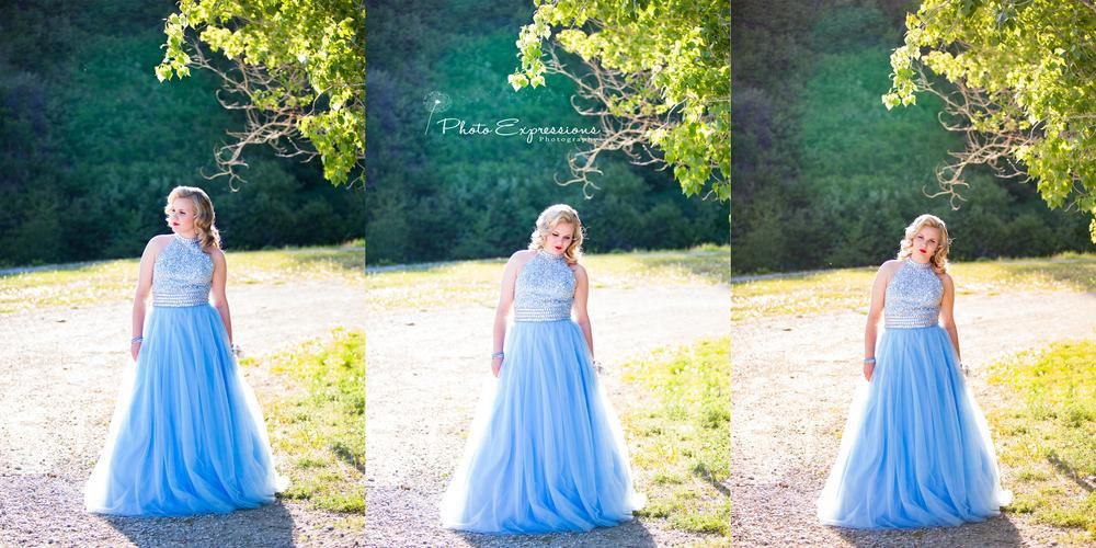 Multiple shots of someone in a light blue formal gown walking through a sunny garden setting.
