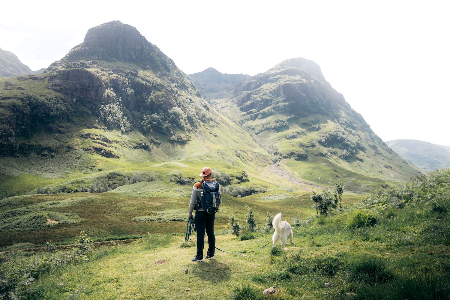 randonneur avec son chien devant les three sisters dans la vallée de glencoe en écosse