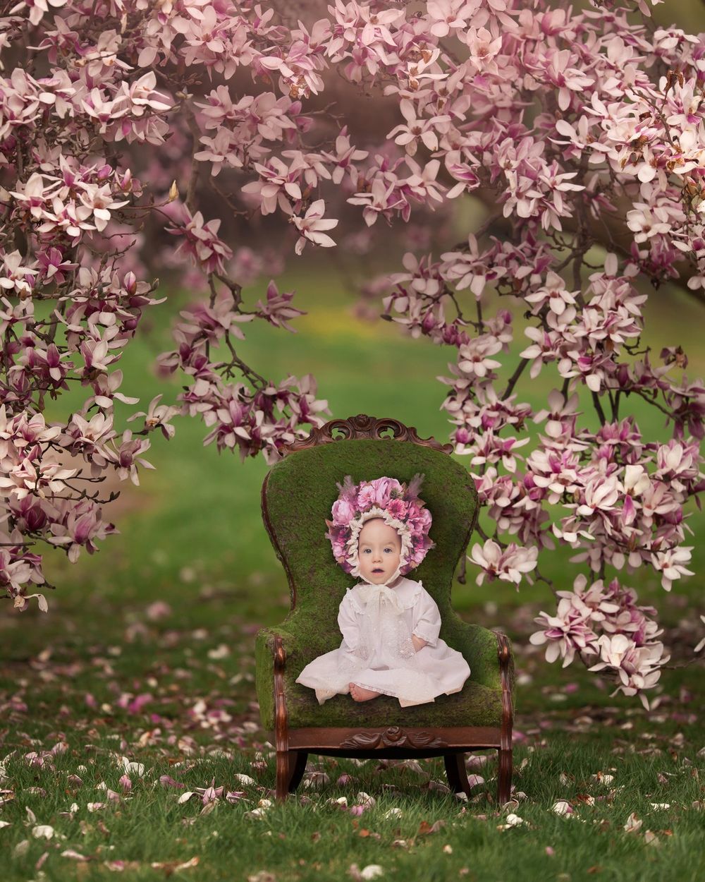 Composite image of 9 month old sitter with magnolia trees
