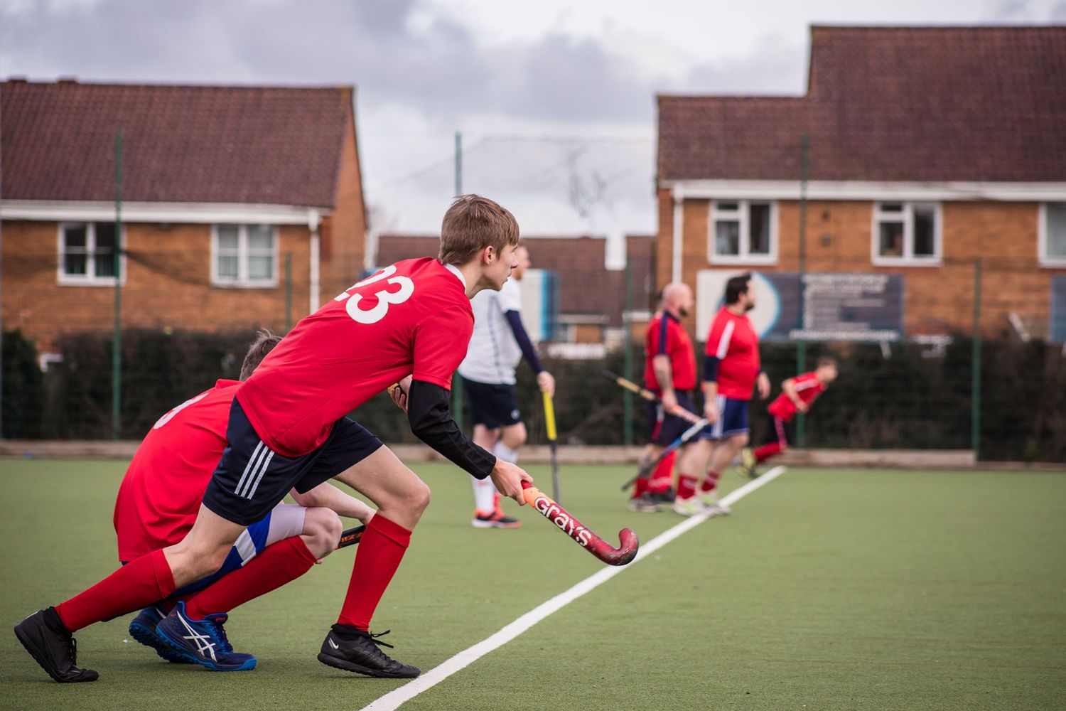 Redditch Hockey Club players lining up ready to run back and defend at a short corner, or penalty corner