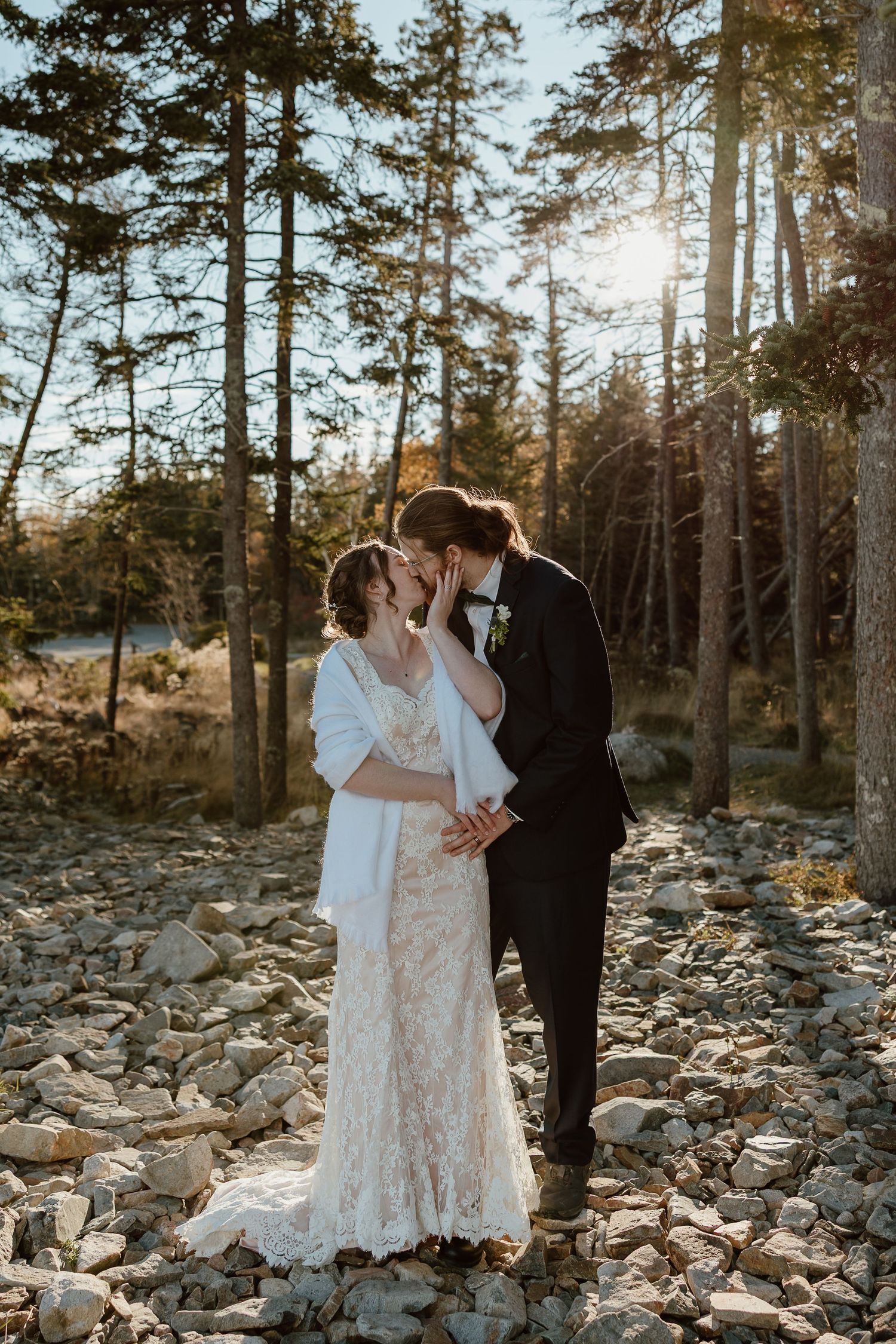 New England couple poses under vail after eloping at Talcott Mountain State Park