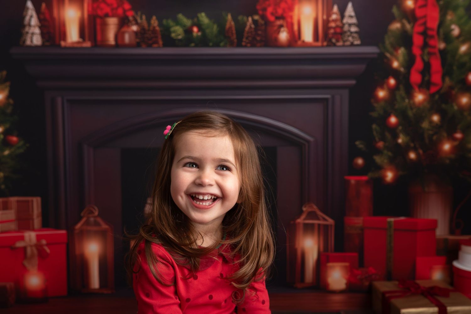 christmas fireplace, smiling girl, christmas outfit, candles, christmas trees