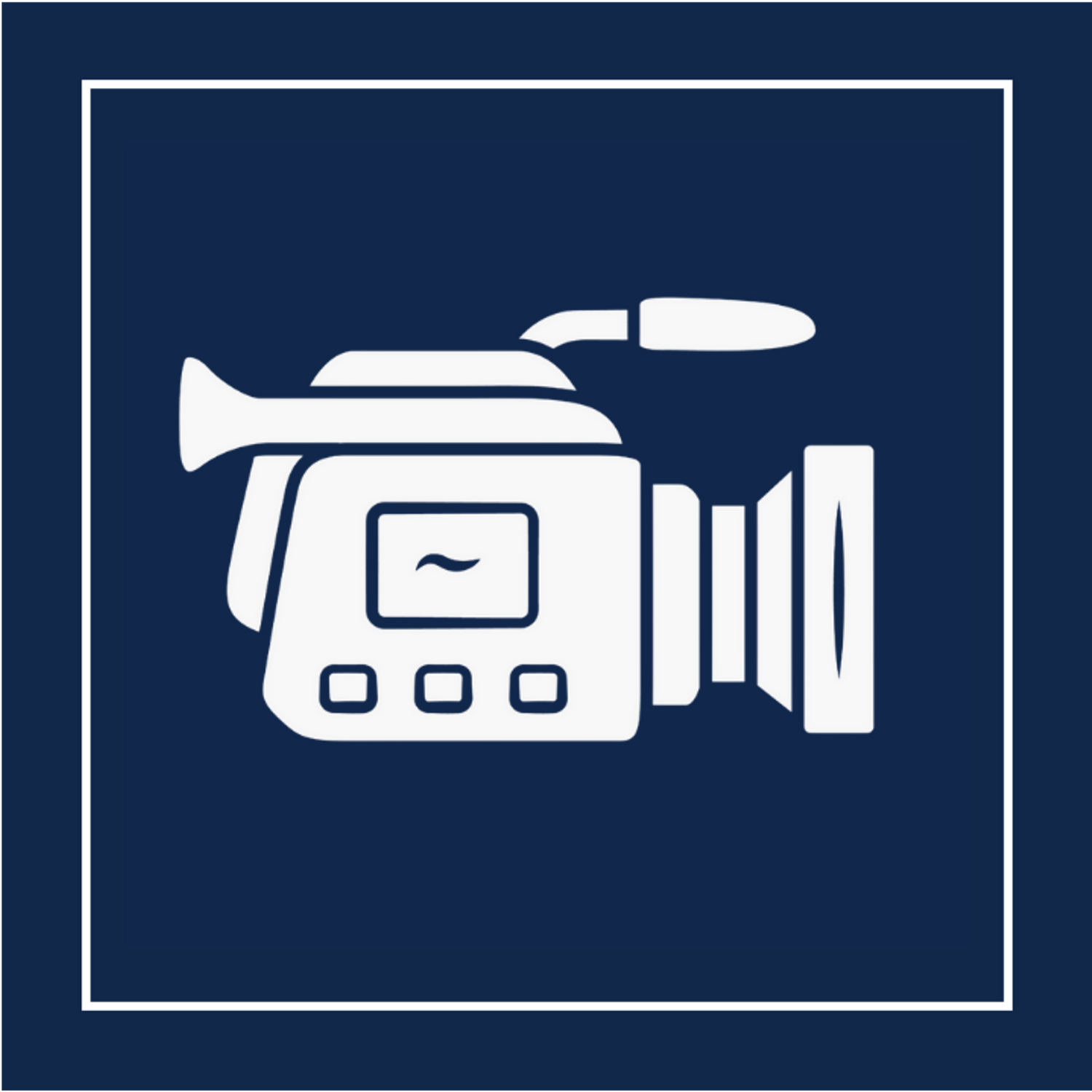 A white video camera icon on a navy background with a white border, representing Studio 22's multifamily real estate videography services.