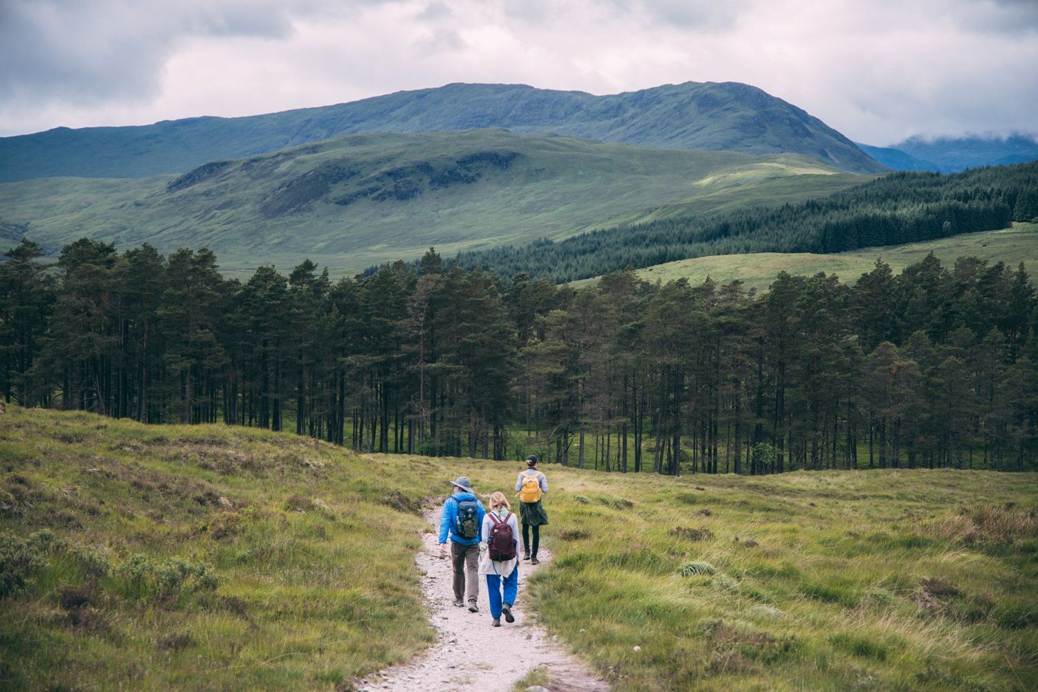Hikers walk along a scenic trail through the Scottish Highlands with mountains in the distance.