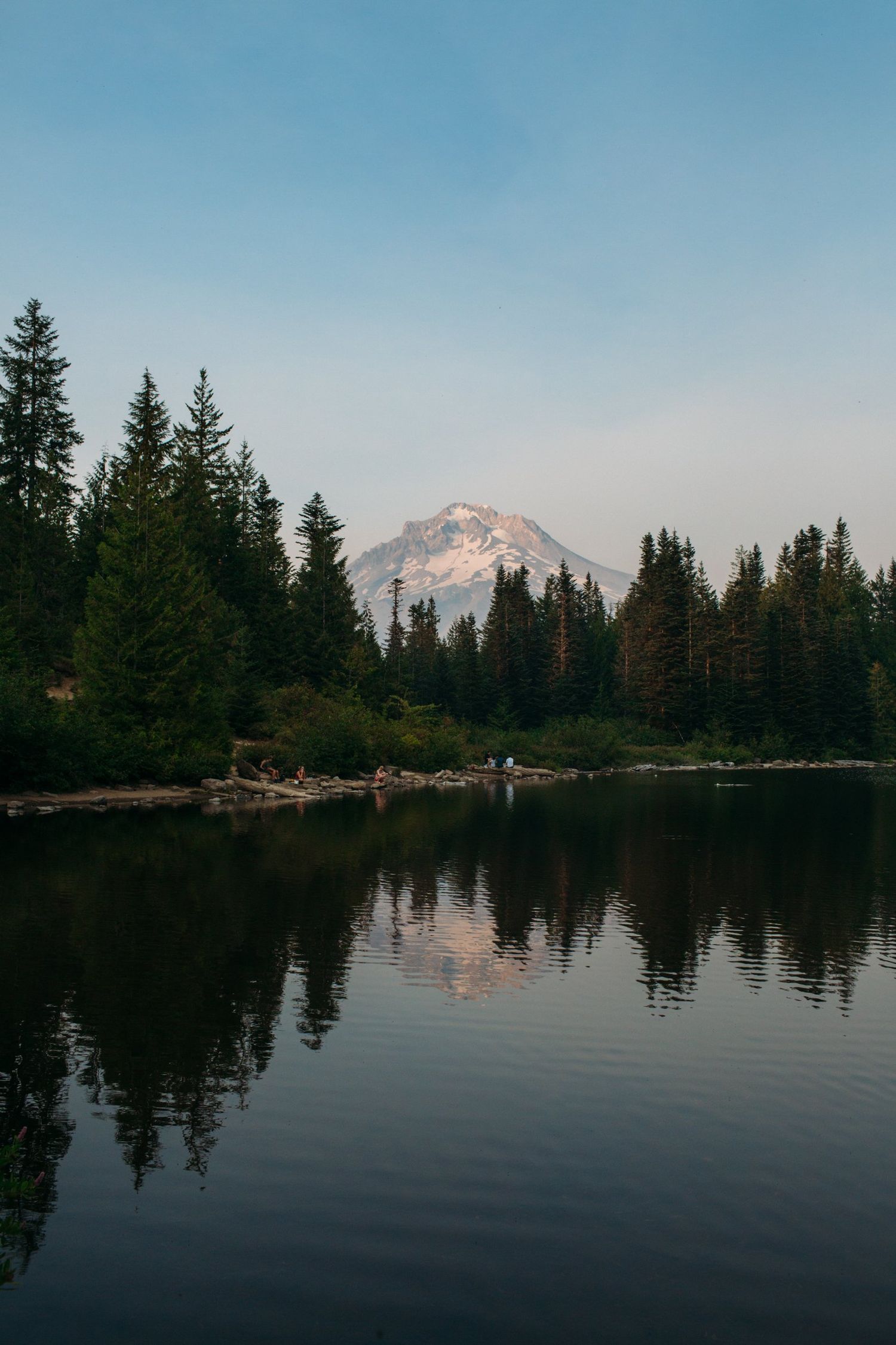 Mount Hood reflected in Mirror Lake surrounded by evergreen forest at dusk.