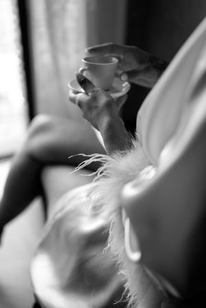 Delicate white feathers and fabric details captured in soft black and white.