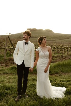 Wedding couple posing in vineyard at sunset wearing classic white dress and tuxedo.
