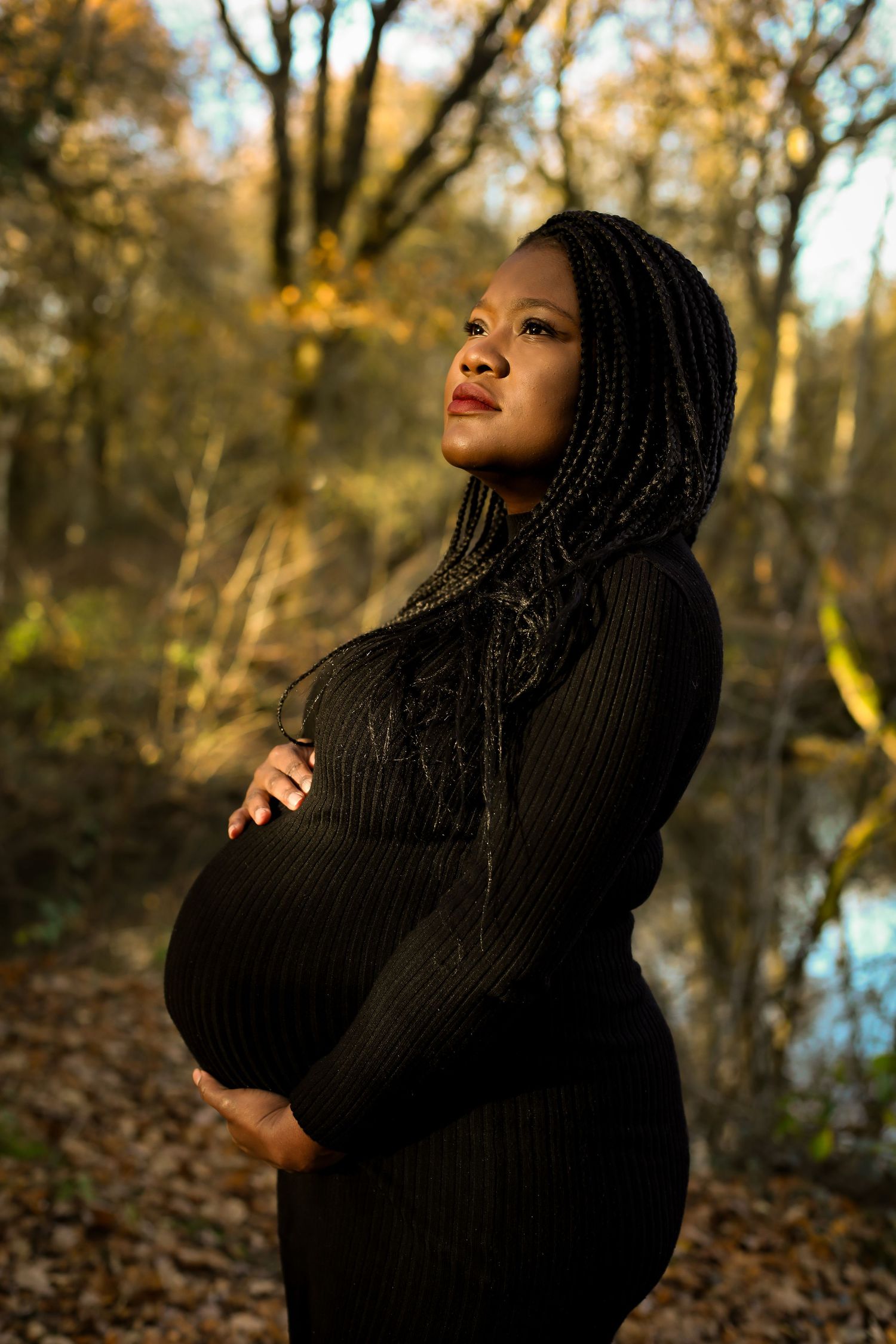 A silhouetted maternity portrait in a black sweater dress against autumn trees and golden sunlight in nature.