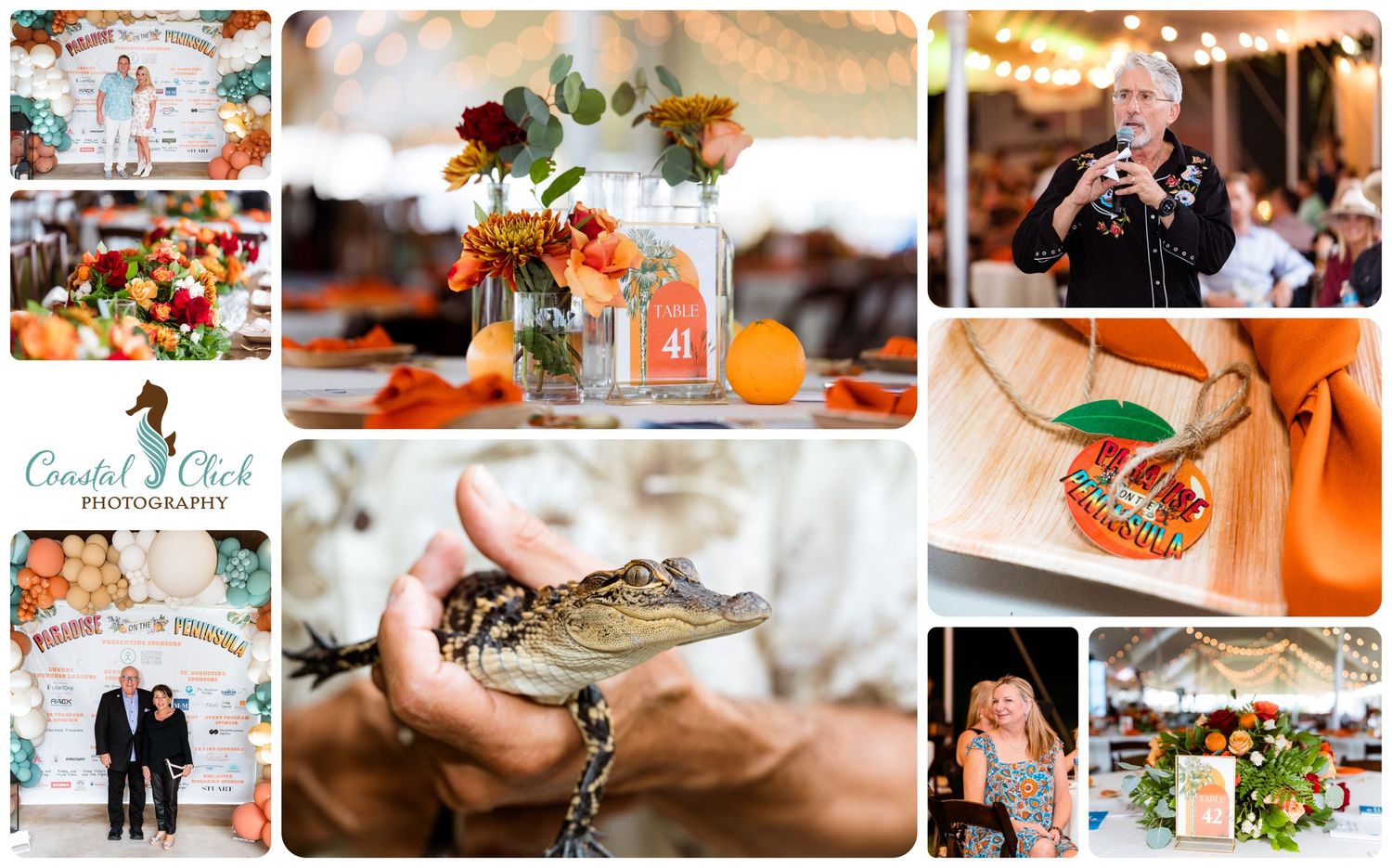 Elegant wedding reception table settings with floral centerpieces and orange accents.