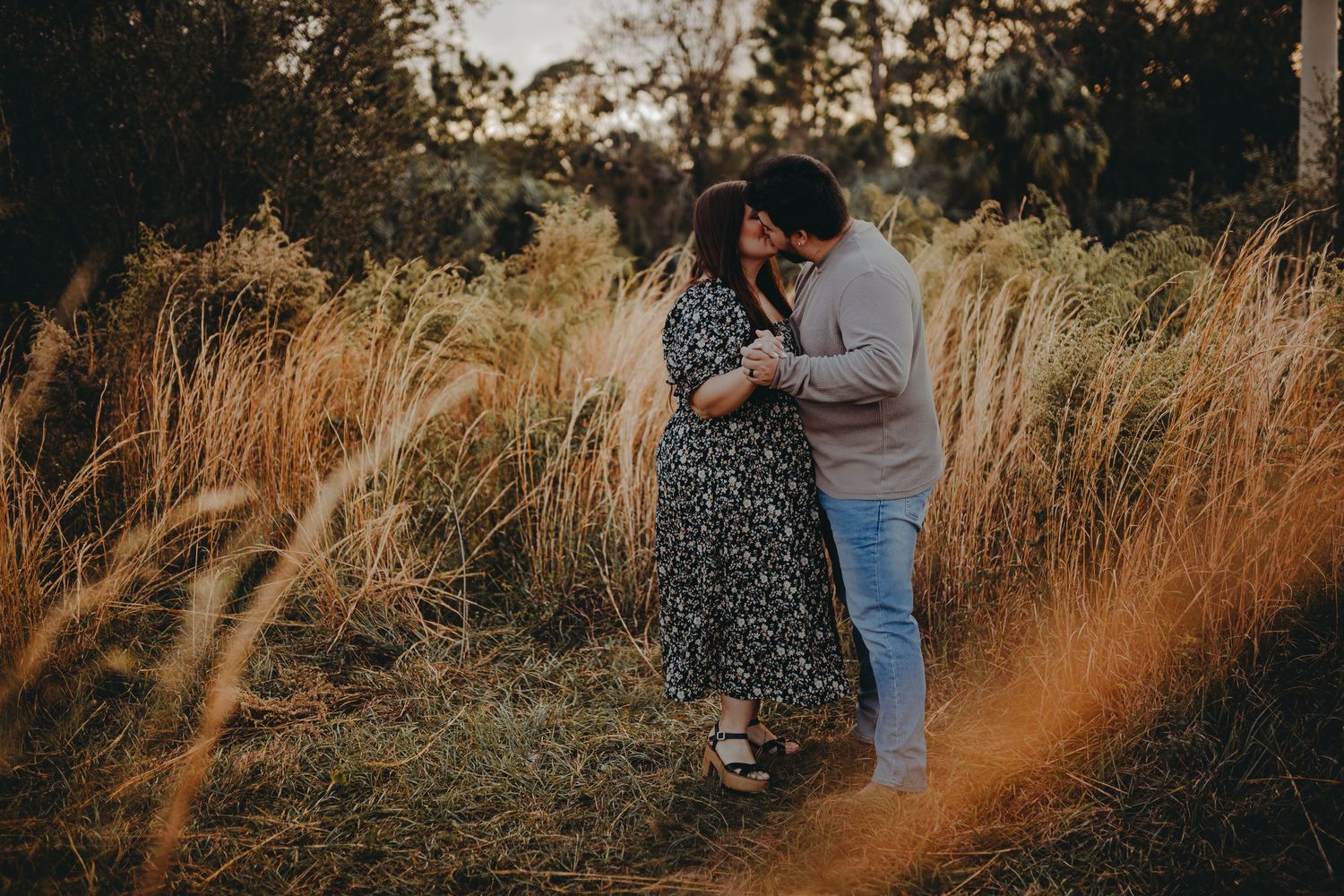 A romantic couple embraces in tall golden grass during sunset.
