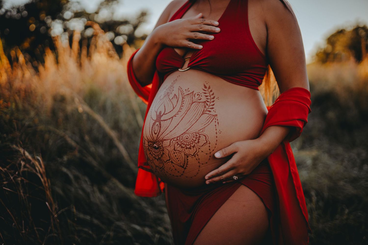 A close-up of an artistic henna design on a pregnant belly.