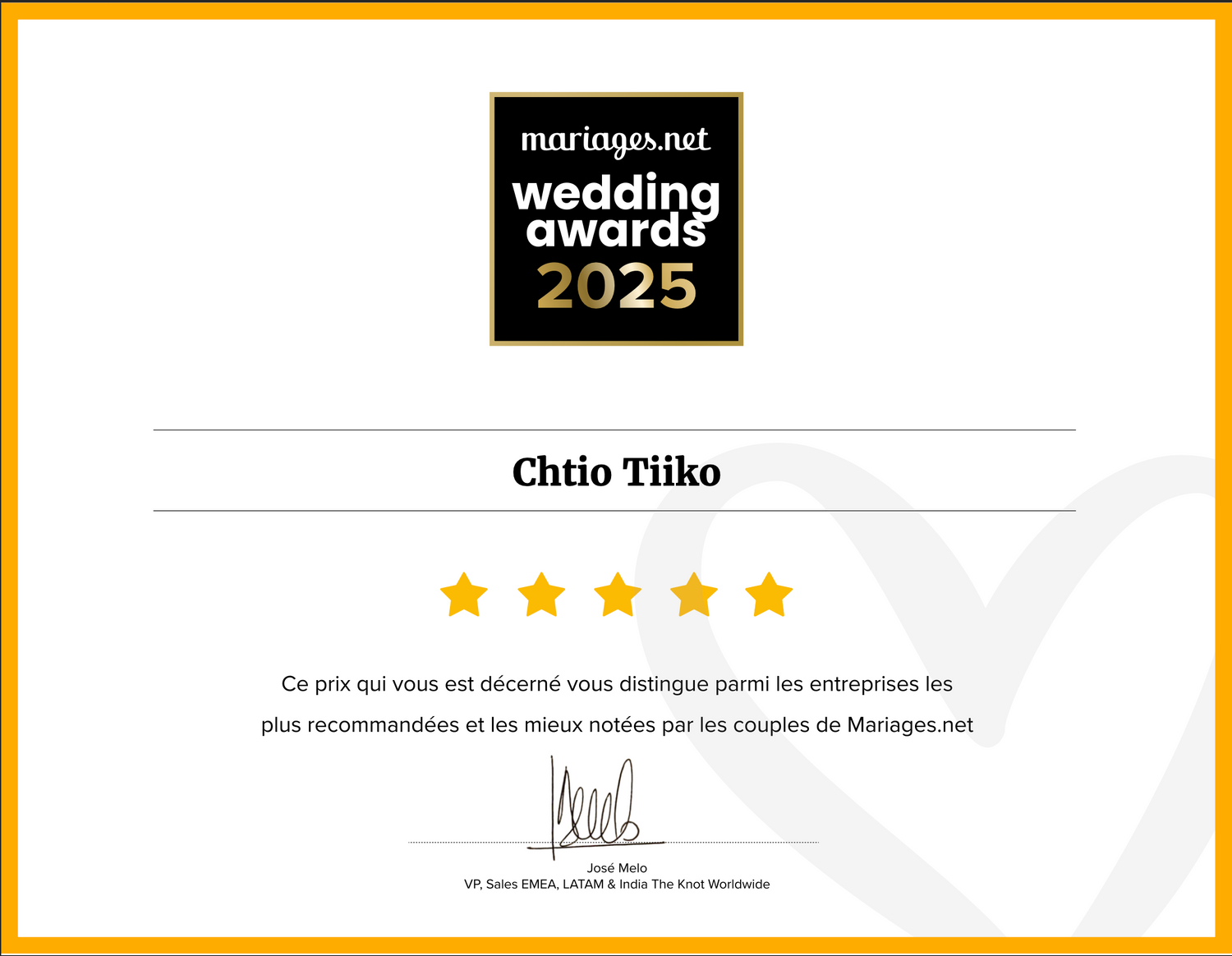 Wedding Awards 2025 certificate from mariages.net presented to Chtio Tiiko for excellence.
