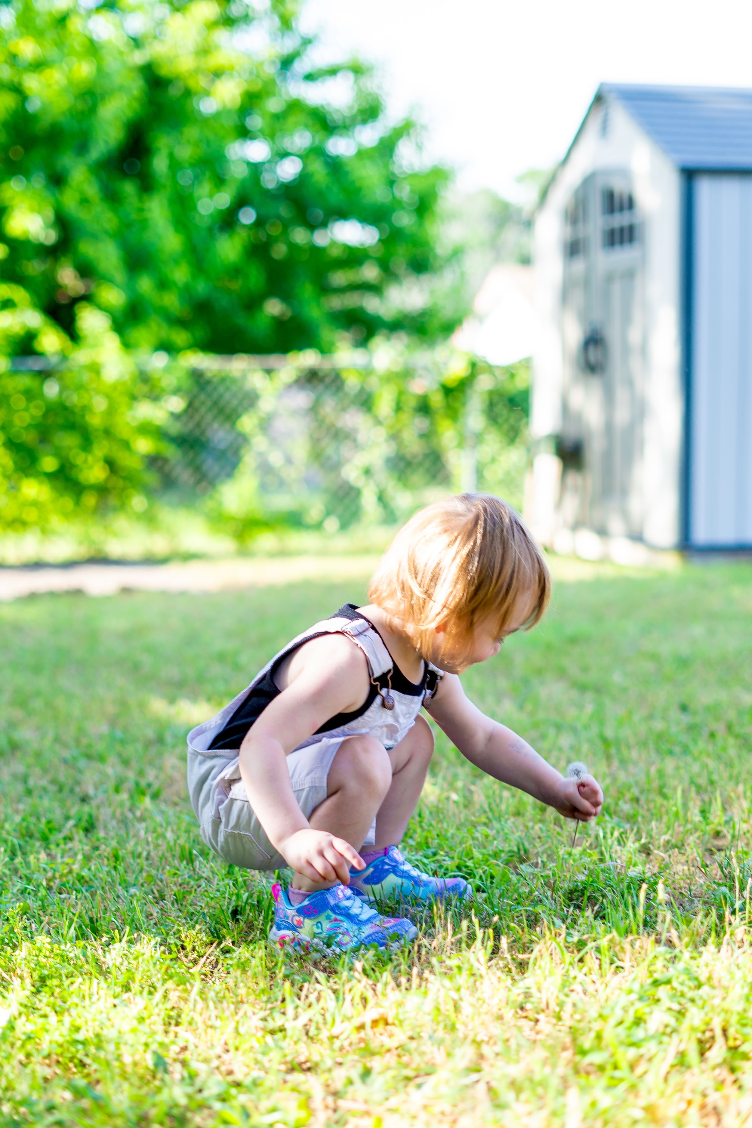 A child in overalls crouches down to explore something in the grass with a garden shed in the background.