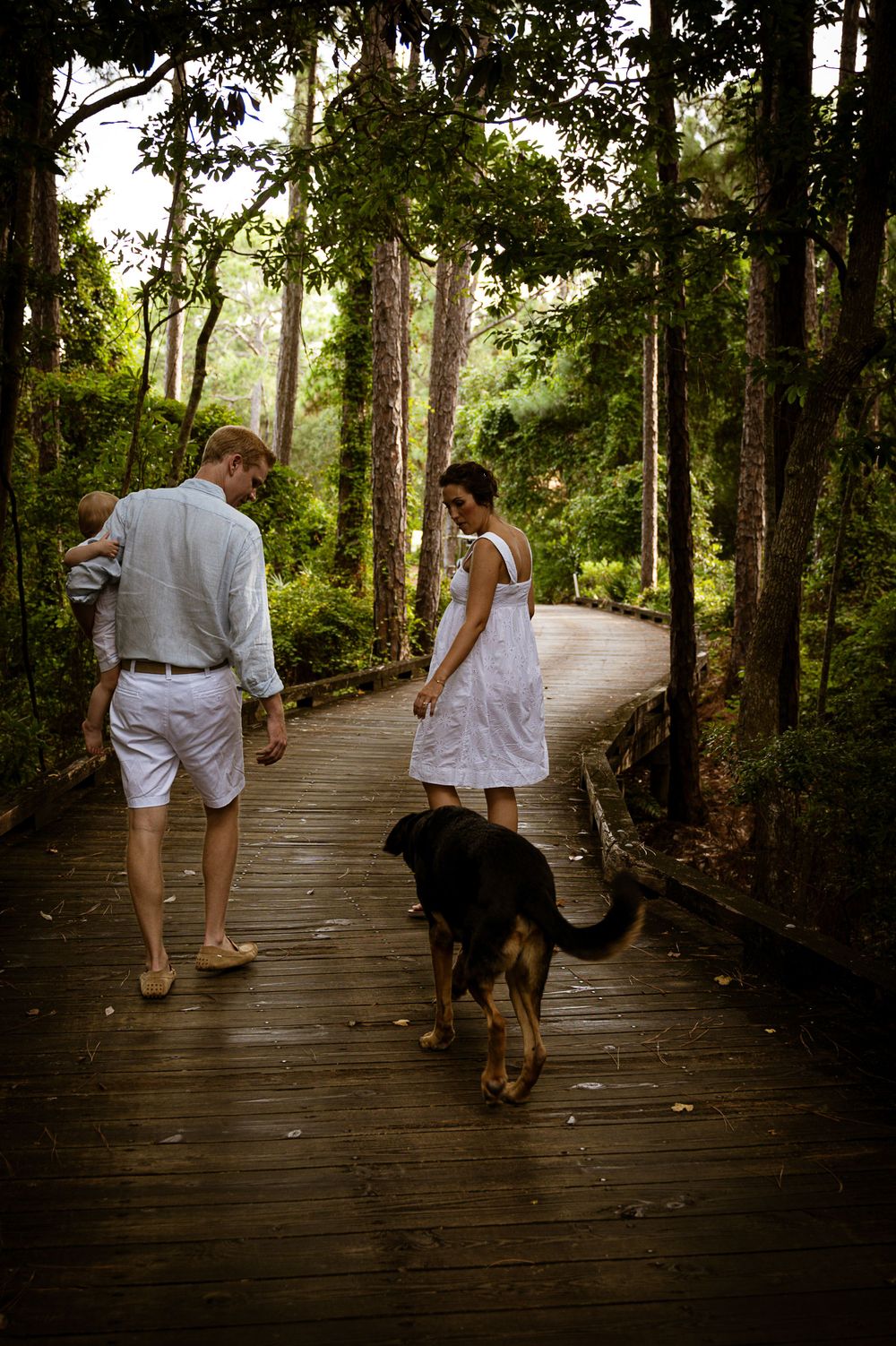 A couple walking their dog along a wooden boardwalk path through a lush forest.