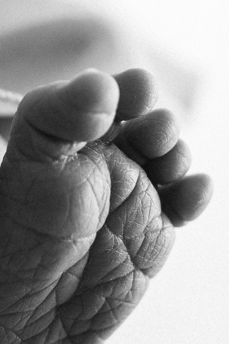 Close-up black and white photo of a newborn baby's tiny foot showing delicate skin texture and curled toes.