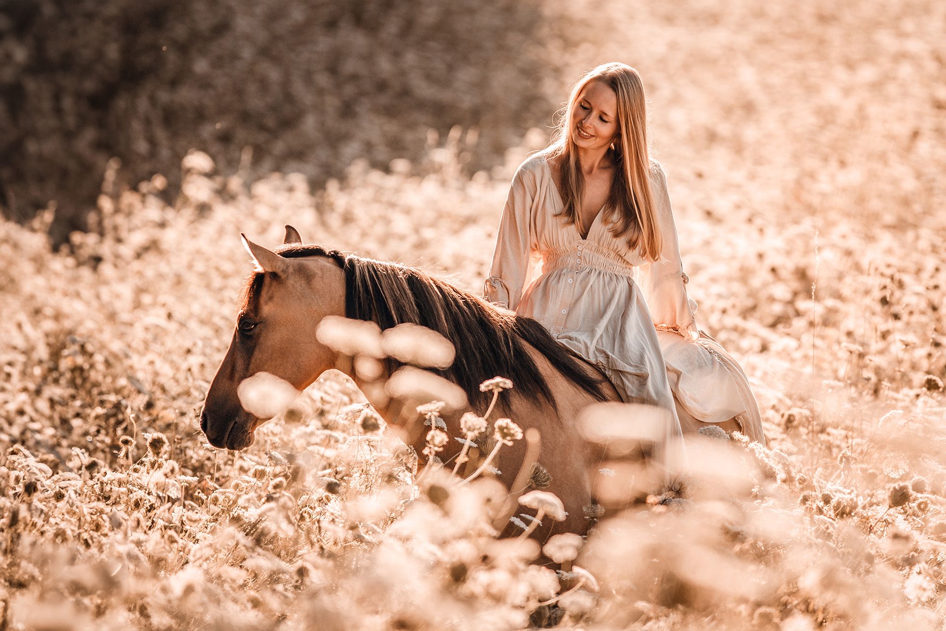 Blonde Frau in langem Kleid sitzt auf Pferd in einem weißen Blumenfeld