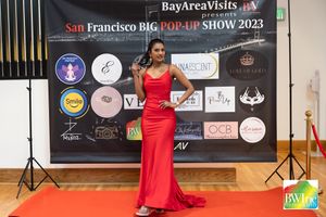 Fashion event with red carpet and sponsor wall displaying Bay Area Visits branding.