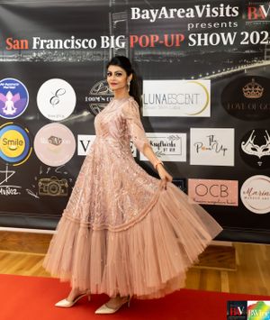 Blush pink tulle gown displayed at San Francisco BIG Pop-Up Show fashion event.