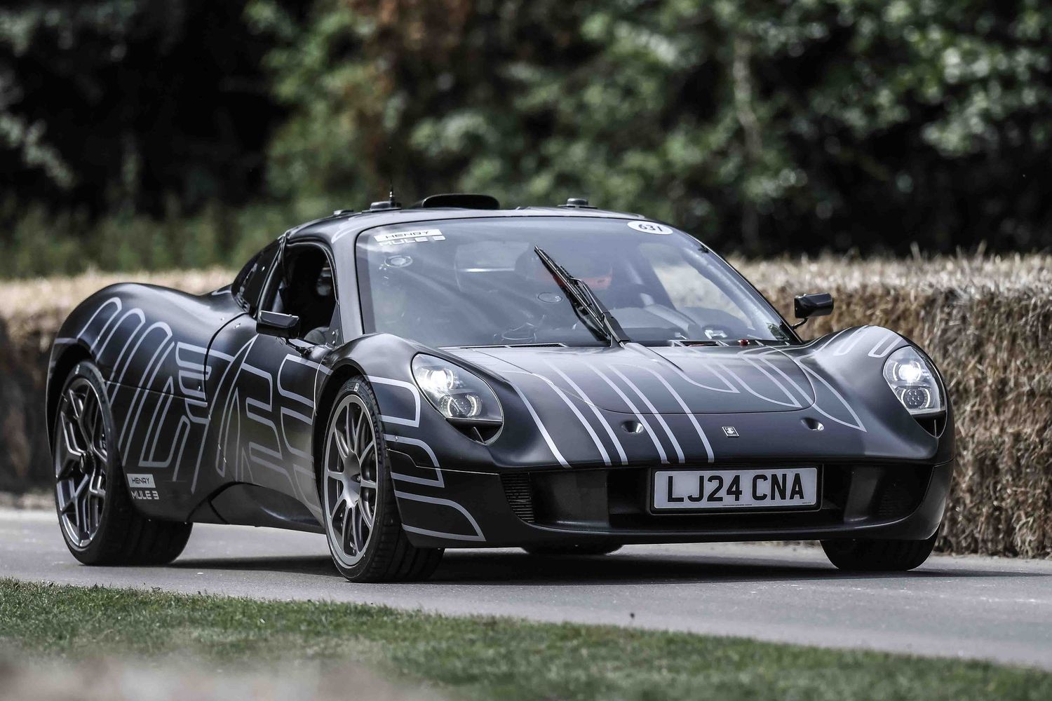 A sleek black sports car with white racing stripes on a winding road.