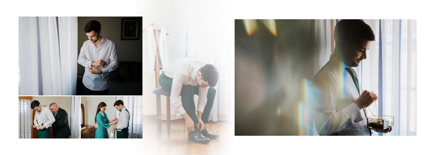 Collection of artistic getting ready moments captured in soft light.