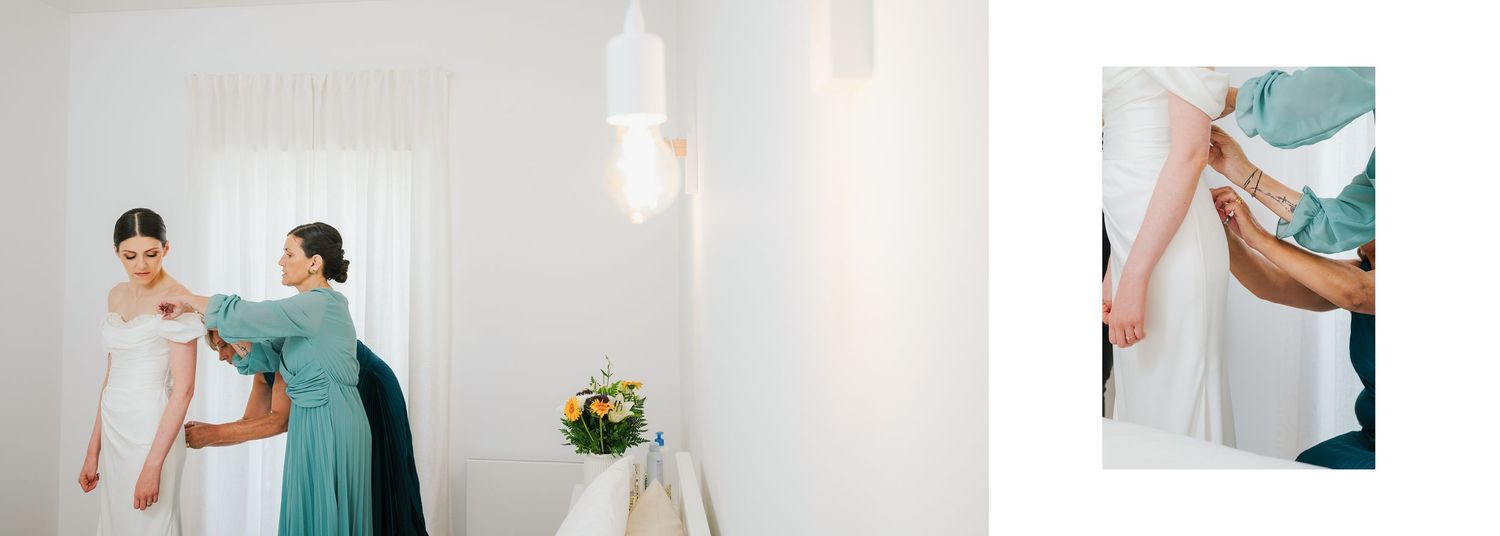 Minimalist white interior scenes showing wedding preparation moments.