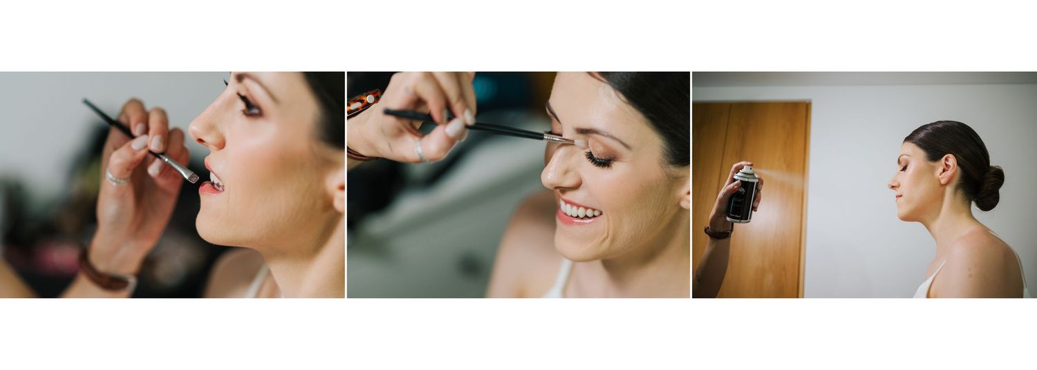 Getting ready moments showing final touches of wedding day preparations.