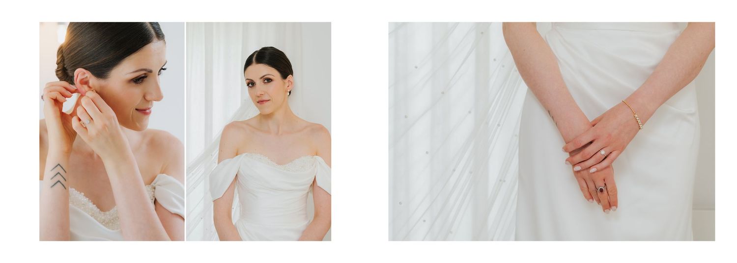 Intimate getting ready moments showing wedding day preparation details.