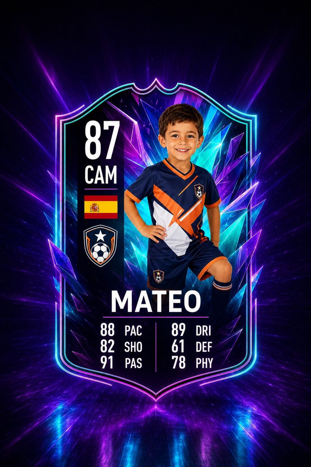 Ejemplo Carta FIFA personalizada al estilo FIFA para Mateo, con una valoración de 87 CAM, c
